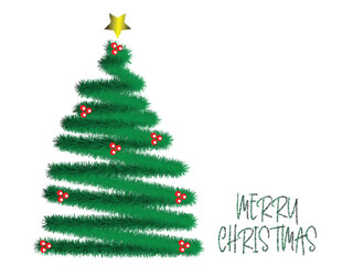 Festive Christmas tree illustration with glowing star and red ornaments on white background for holiday design, Beautiful green Christmas tree with red decorations and bright golden star 