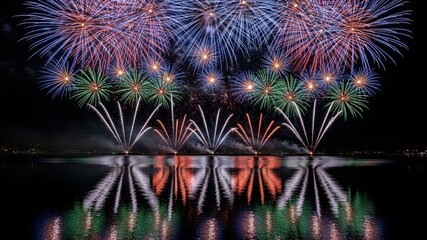 Fototapeta premium Spectacular fireworks display explodes over a calm lake, reflecting vibrant colors at night.