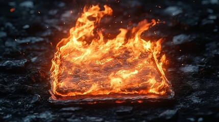Intense flames engulfing a rectangular object on a dark rocky surface creating a dramatic and fiery scene with high contrast and visual impact