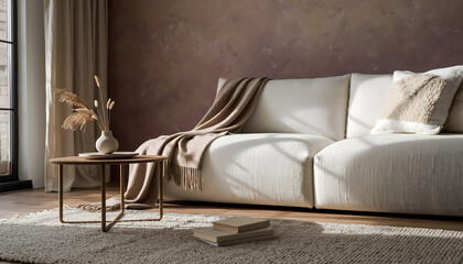 Modern living room interior featuring a white sofa with a beige throw blanket, a wooden coffee table, and a vase with dried plants against a textured wall.