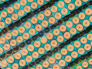 Aerial Drone View of Traditional Spiral Incense Coils Drying in Geometric Pattern at Chinese Factory
