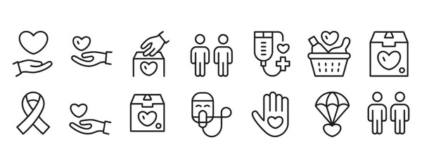 Inspiring line icons for charity fundraising campaigns and community outreach projects offering support and love, showing care and togetherness