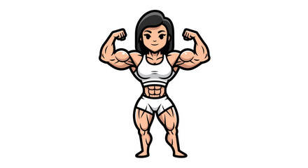 Cartoon Female Bodybuilder Flexing Muscles Depicting Strength and Fitness Illustration