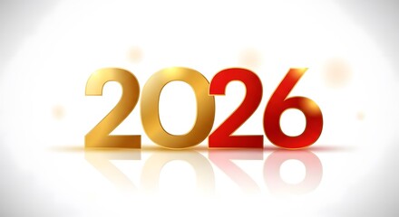 The year 2026 is depicted in bold, three-dimensional numbers with a gradient from gold to red, set against a bright, white background with soft, glowing bokeh effects, and a clear reflection below.