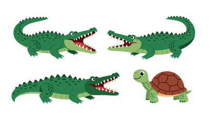 Fototapeta premium Collection of cute cartoon reptile characters including friendly green crocodiles and a smiling turtle for children's design.
