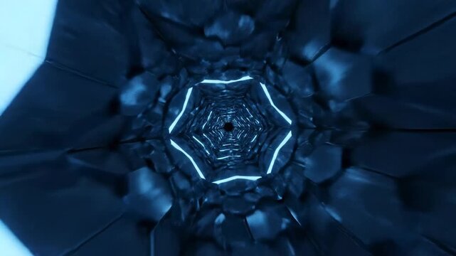 Seamless loop of a mesmerizing dark blue geometric tunnel flowing infinitely forward generating dynamic perspective shifts connection, looping motion, modern