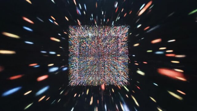 Seamless loop of a multicolored pixel matrix structure rapidly expanding outward and collapsing inward in vibrant 3D space futuristic, screensaver, connection