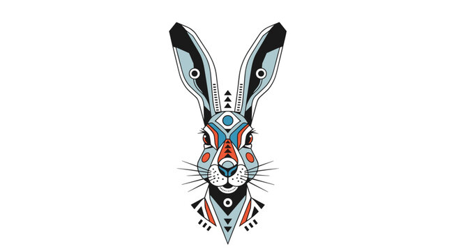 Stylized illustration of a hare head with colorful geometric patterns in a modern ethnic or tribal art style decoration.