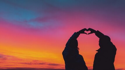 Silhouetted couple forming a heart shape with hands against a vibrant sunset sky