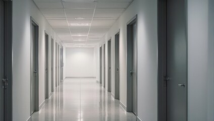 Obraz premium Long empty office hallway with doors on both sides and bright light at the end.