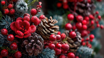 Close up view of pine cones red berries and pine branches dusted with snow