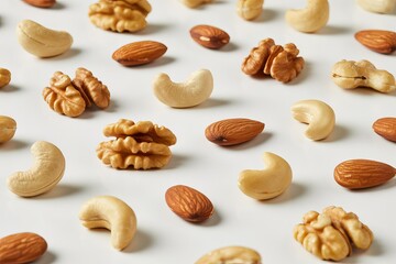 Assortment of healthy nuts and seeds scattered on a white background isolated on white background