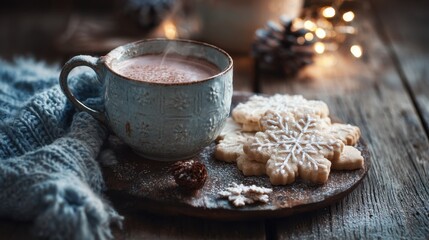 Steaming mug of hot chocolate with snowflake cookies and knitted scarf