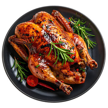 Golden brown whole roast duck with crispy skin, presented on a platter and isolated on a white background.
