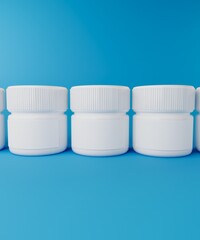 Row of Blank White Medical or Cosmetic Containers Mockup on Blue Background