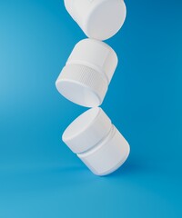 Three Mockup White Plastic Jars with Ribbed Caps Stacked on a Blue Background