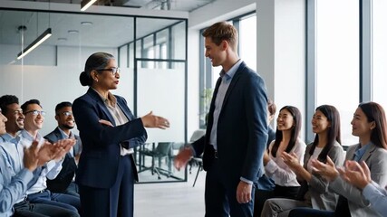 A business meeting with diverse colleagues. A presenter with a woman, audience sitting - Powered by Adobe