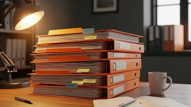 Stack of orange ring binders and folders on a wooden office desk illuminated by a desk lamp, symbolizing extensive paperwork and organization.