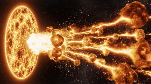 Fiery cosmic asteroids burst from luminous sphere