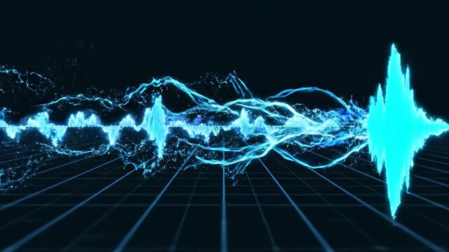 Seamless loop of a rhythmic digital sound wave pulsating across a dark void with bright cyan energy trails energy flow, interface, signal