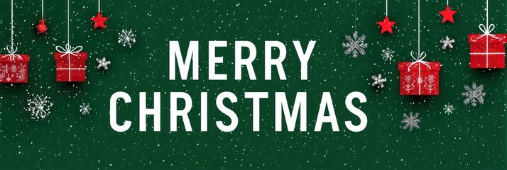 Merry christmas banner with gifts, stars, and snowflakes on green
