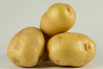 Three fresh potatoes stacked together isolated on white background