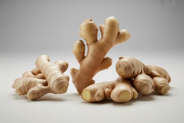 Fresh ginger root rhizomes isolated on white background