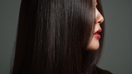 Fototapeta premium Close up profile of a woman's face showing dark straight hair and red lipstick