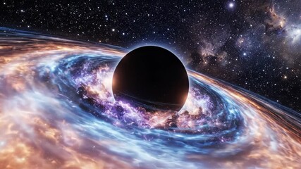 A massive black hole with a glowing accretion disk of orange and blue gas surrounded by a starfilled galaxy in deep space - Powered by Adobe