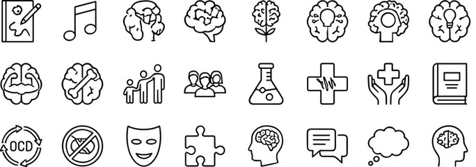 Comprehensive mental health and psychology line icon collection featuring brain concepts, therapy symbols, medical support, communication, emotions and behavioral wellness illustrations