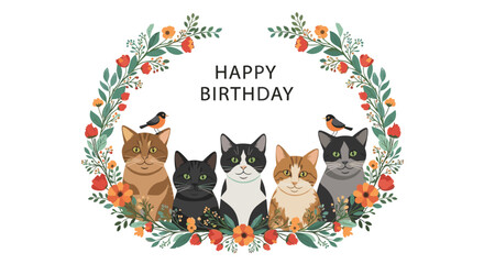 Fototapeta premium Happy birthday greeting card design with five cute cartoon cats sitting inside a beautiful decorative floral wreath frame.