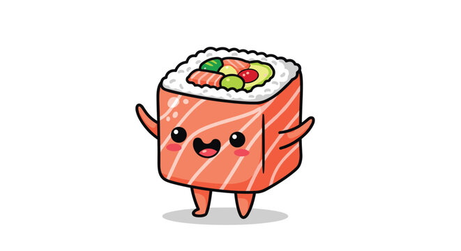 Cute and happy salmon sushi roll character with arms and legs waving cheerfully in a fun kawaii cartoon illustration style.