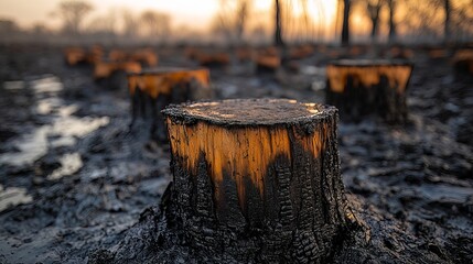 Burnt tree stumps stand as stark reminders of deforestation and environmental damage after a wildfire swept through the forest landscape