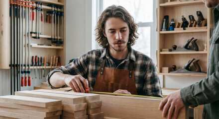 A carpenter measuring wood planks in a workshop, with tools and wood stacks in the background.