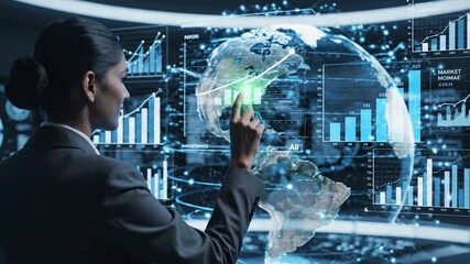 A businesswoman in a dark suit interacts with holographic data projections, world map included - Powered by Adobe