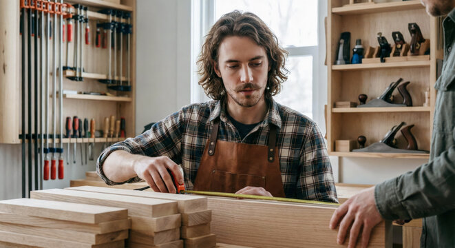 A carpenter measuring wood planks in a workshop, with tools and wood stacks in the background.