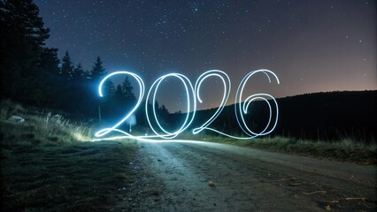 Soft abstract light trails forming 2026 on dark backdrop