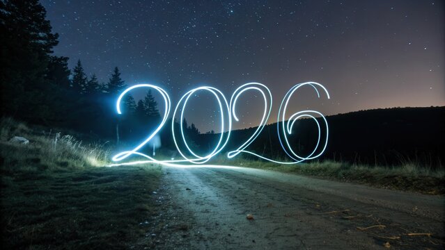 Soft abstract light trails forming 2026 on dark backdrop