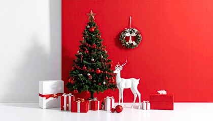 Festive Christmas scene with decorated tree gifts reindeer and wreath on red background.