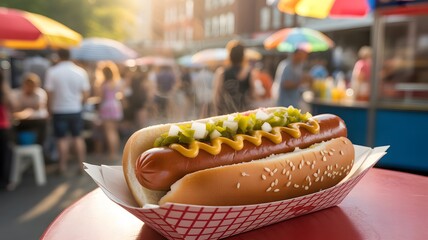 Delicious hot dog with mustard and relish served on a sesame seed bun perfect for a summer picnic or street food event