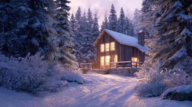 Cozy wooden cabin nestled in a snowy pine forest with warm lights glowing from windows