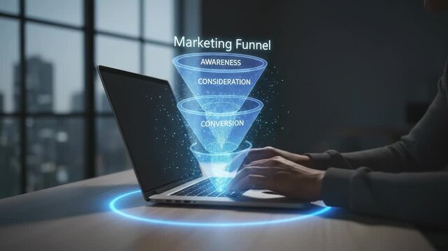 Digital marketing expert typing on a laptop, generating a futuristic hologram of a sales funnel with awareness, consideration, and conversion stages for analyzing consumer behavior data