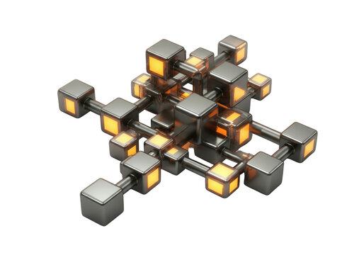 Abstract Digital Network Structure With Glowing Orange Cubes On Transparent Background