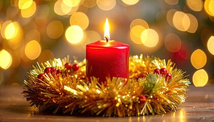 Festive red candle burning on a golden wreath with bokeh lights.