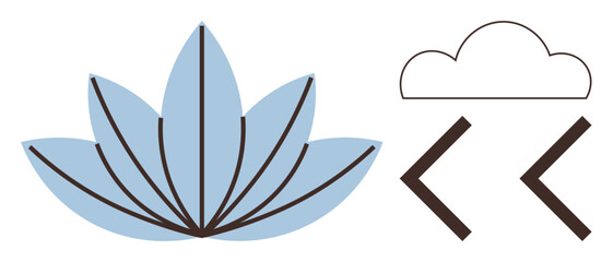 Light blue lotus flower and simple cloud outline above angled brackets evoke themes of nature, mindfulness, coding, simplicity, innovation, digital harmony, and balance. Ideal for a simple flat