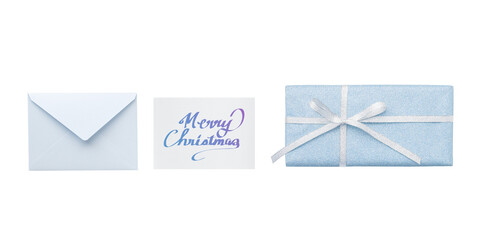 Cutout of a closed pale blue  envelope with a pale blue Christmas card and a pale blue glitter...