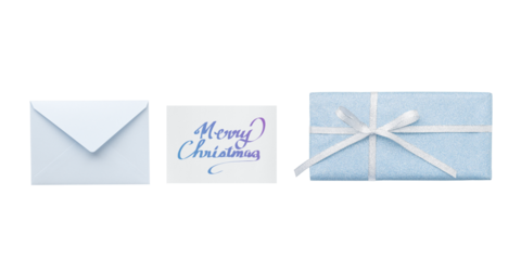 Cutout of a closed pale blue  envelope with a pale blue Christmas card and a pale blue glitter gift, shown in overhead view	