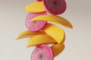 Stack of sliced dragon fruit and mango pieces isolated on white background