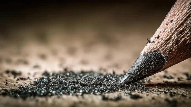 Close-up of a sharpened graphite pencil tip touching a surface, scattering graphite dust.