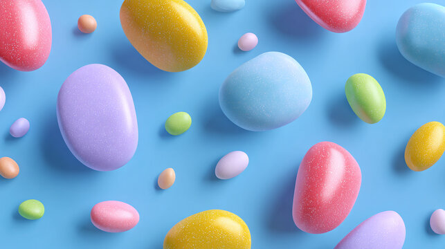 A collection of vibrant, smooth, candy-like shapes scattered across a blue surface, creating a playful and colorful pattern. These objects appears as if they are floating in the air